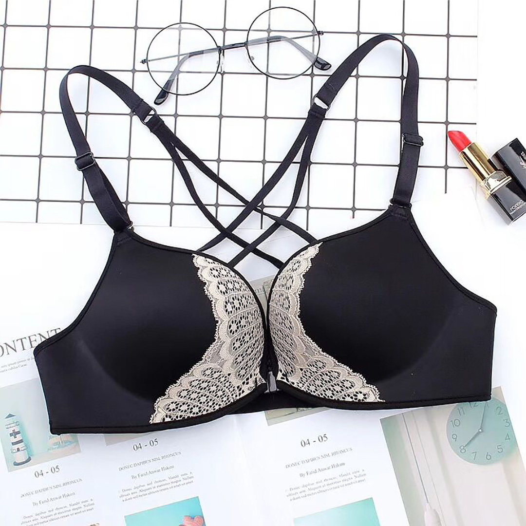 蝶翼圖案蕾絲&前扣雞心交叉細肩帶美背內衣