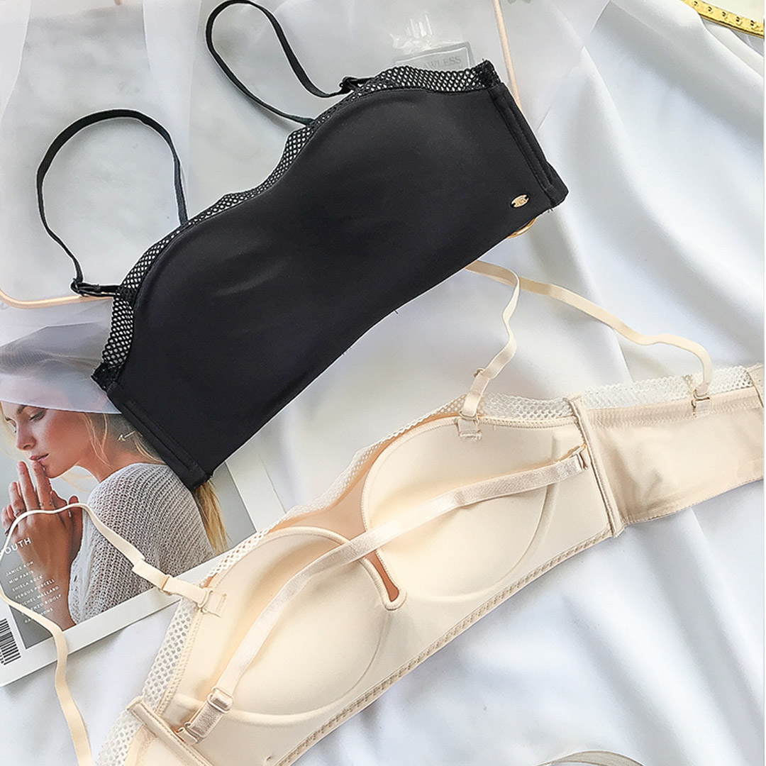 簡約光面無肩帶性感無痕網紗防走光抹胸式內衣