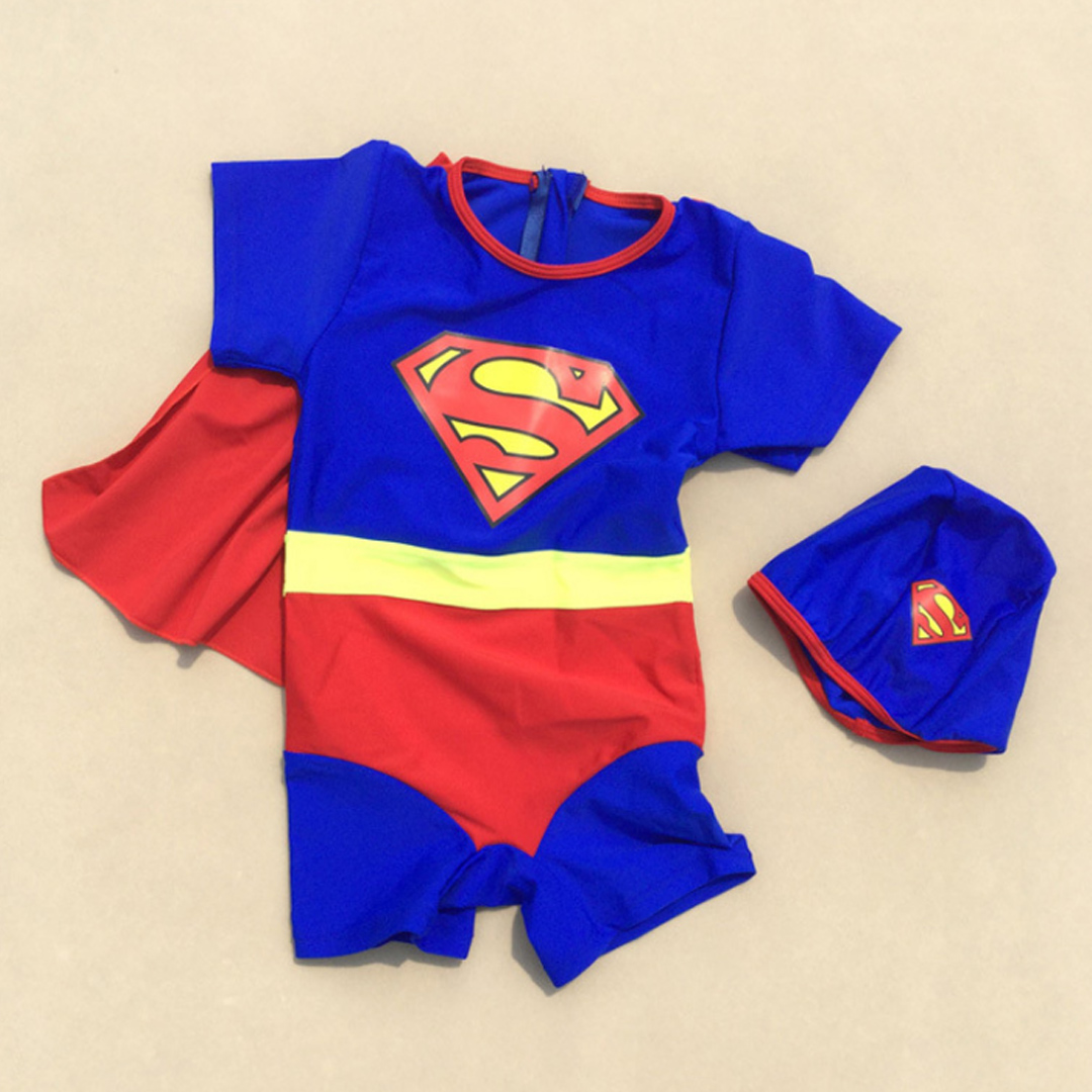 男童超人造型連體防曬短袖泳衣帶泳帽