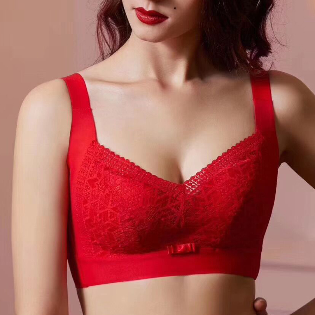 浮雕印花蕾絲杯面輕薄聚攏加寬肩帶大胸顯小無痕無鋼圈内衣
