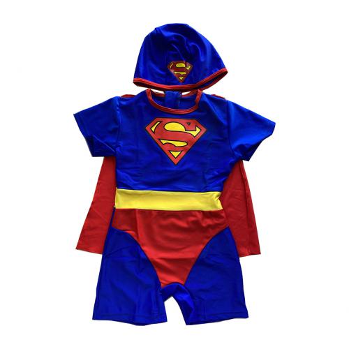 男童超人造型連體防曬短袖泳衣帶泳帽