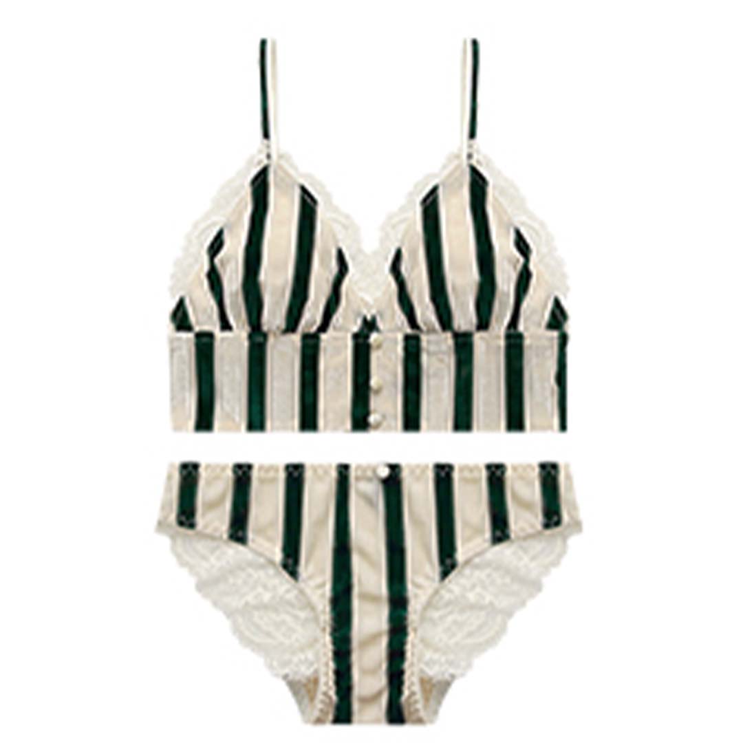 輕奢細絨條紋雙層花邊薄杯無鋼圈家居內衣-大小胸都得