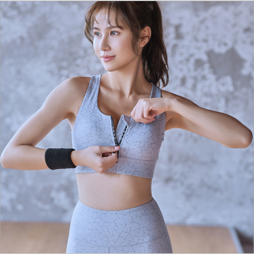 新款印花前拉鏈易穿脫固定一體杯瑜伽健身運動內衣