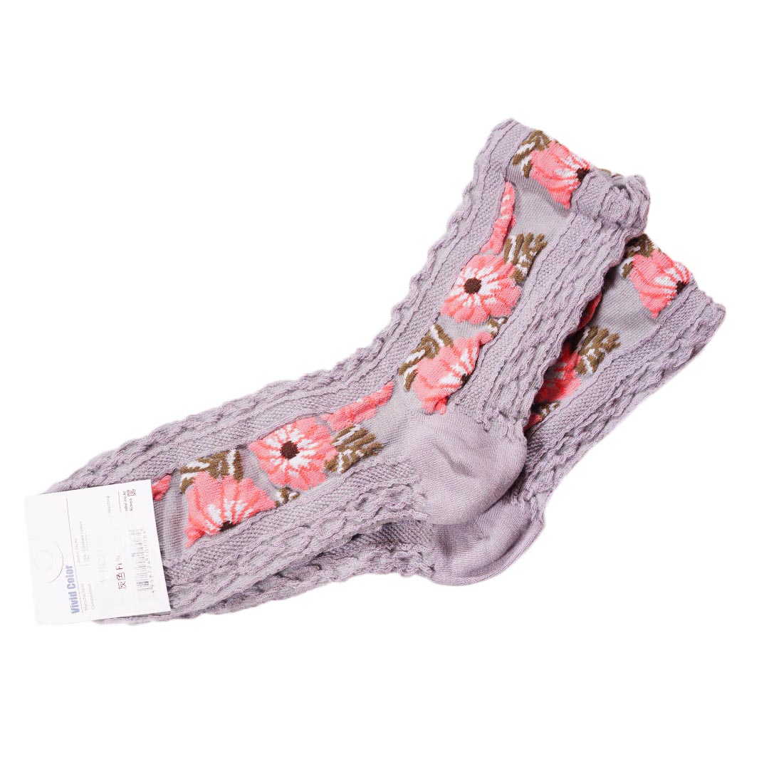 複古花朵浮雕中筒長襪