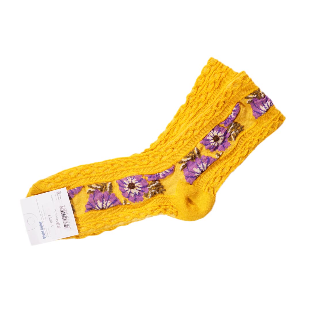 複古花朵浮雕中筒長襪