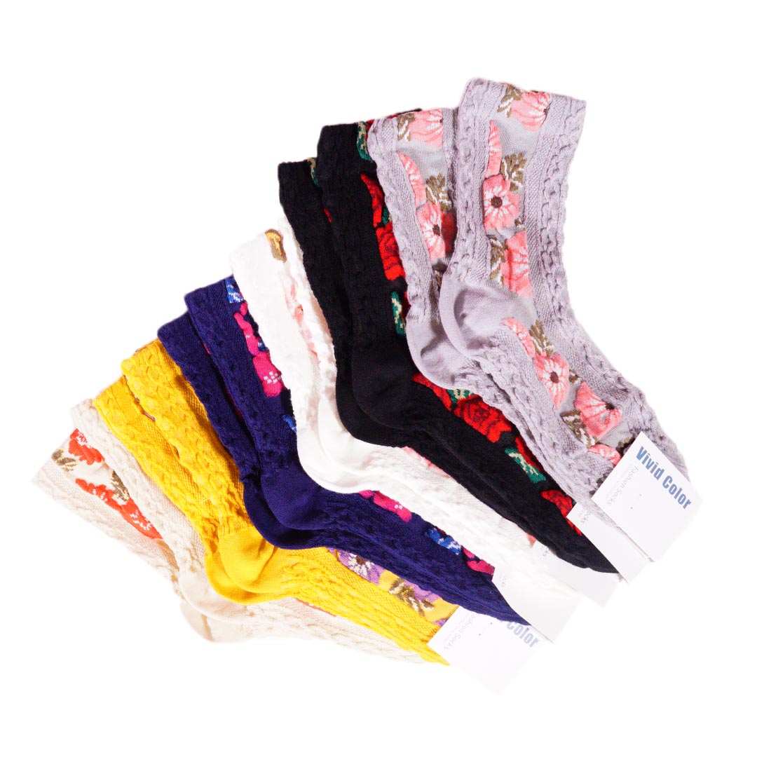 複古花朵浮雕中筒長襪