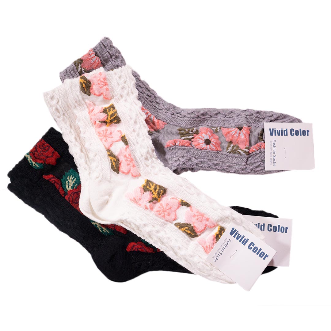 複古花朵浮雕中筒長襪